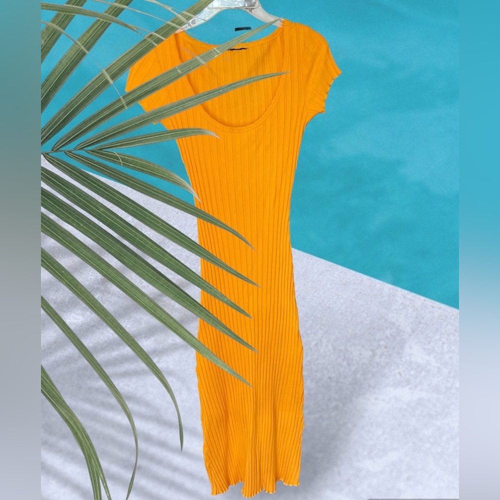 SIMON MILLER Rib Scoop Neck Cap Sleeve Long Dress, Vibrant Yellow/Orange, Sz XS